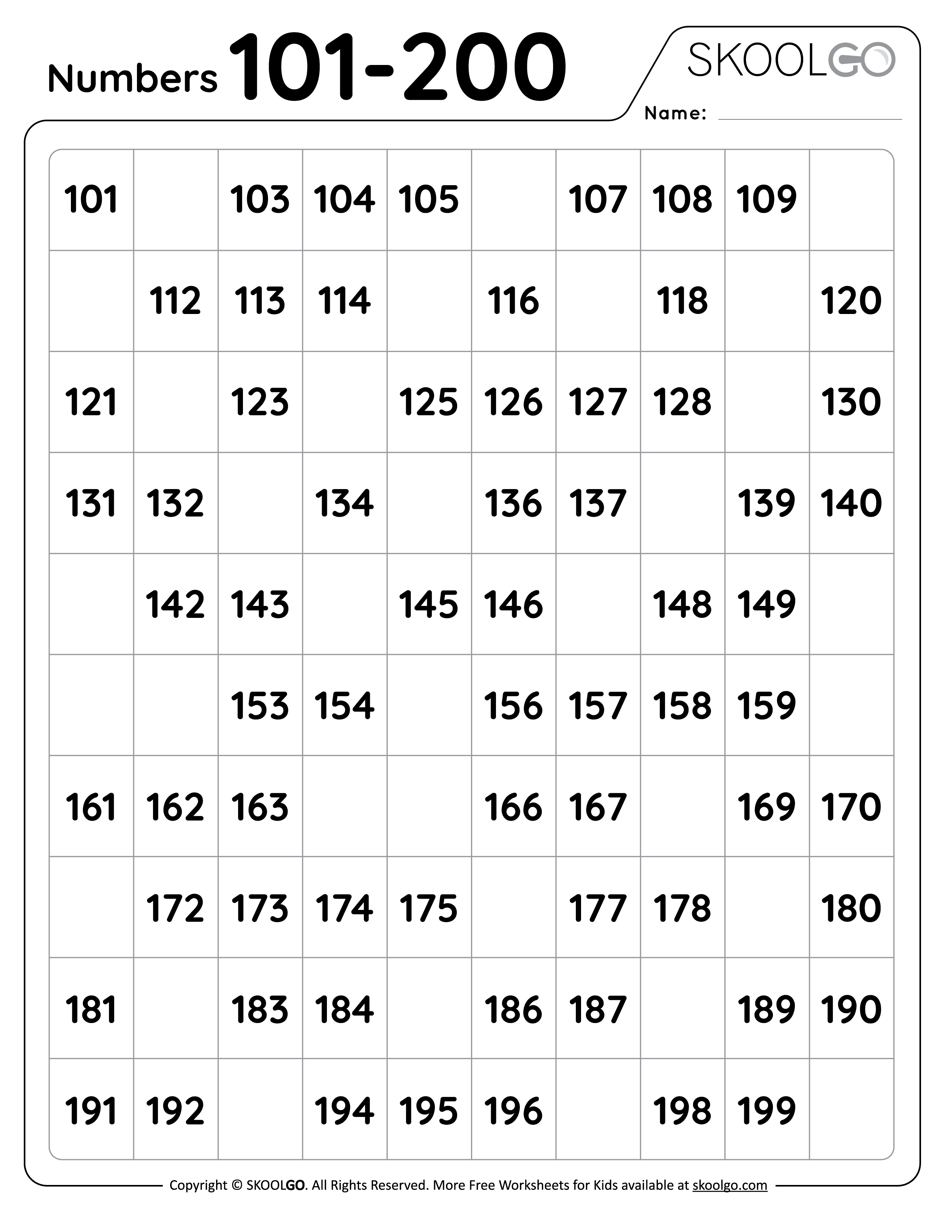 Numbers 101 to 200 - Free Worksheet for Kids - SKOOLGO - 200 Gram Suiker Is Hoeveel Ml