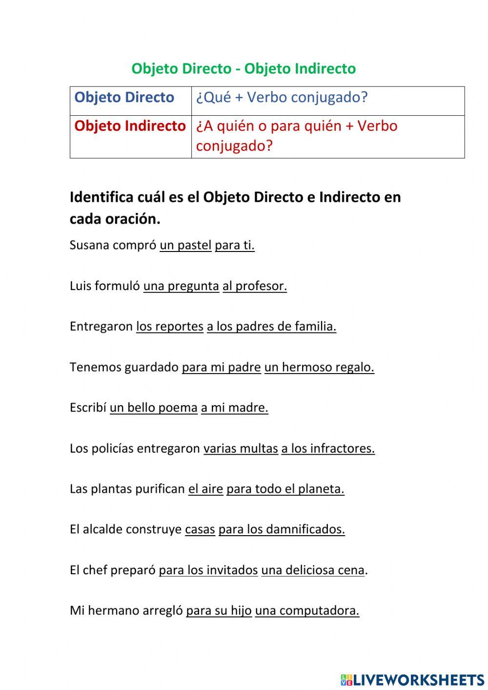 Objeto Directo e Indirecto online exercise for | Live Worksheets - Objeto Directo E Indirecto Ejemplos