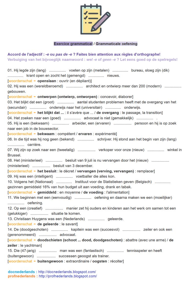 Oefening / verbuiging van het bijvoeglijk naamwoord (adjectief) : wel - Wanneer E Achter Bijvoeglijk Naamwoord