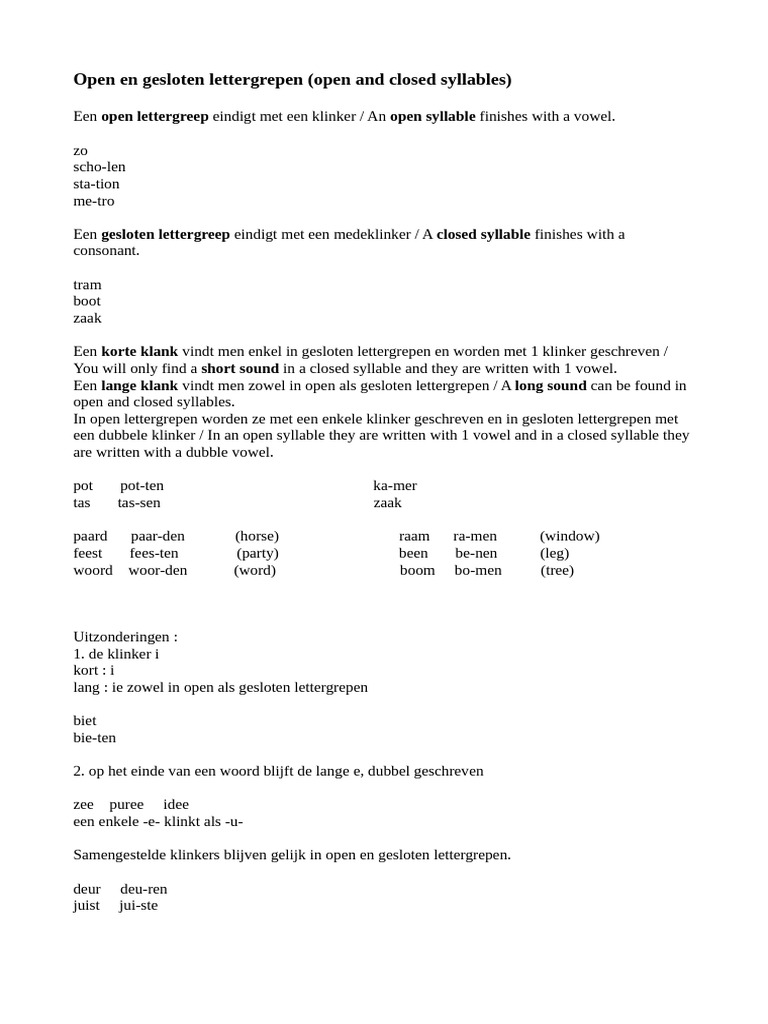 Open en Gesloten Lettergrepen | PDF - Versvoet 2 Lettergrepen Een Onbeklemtoonde Gevolgd Door Een Beklemtoonde