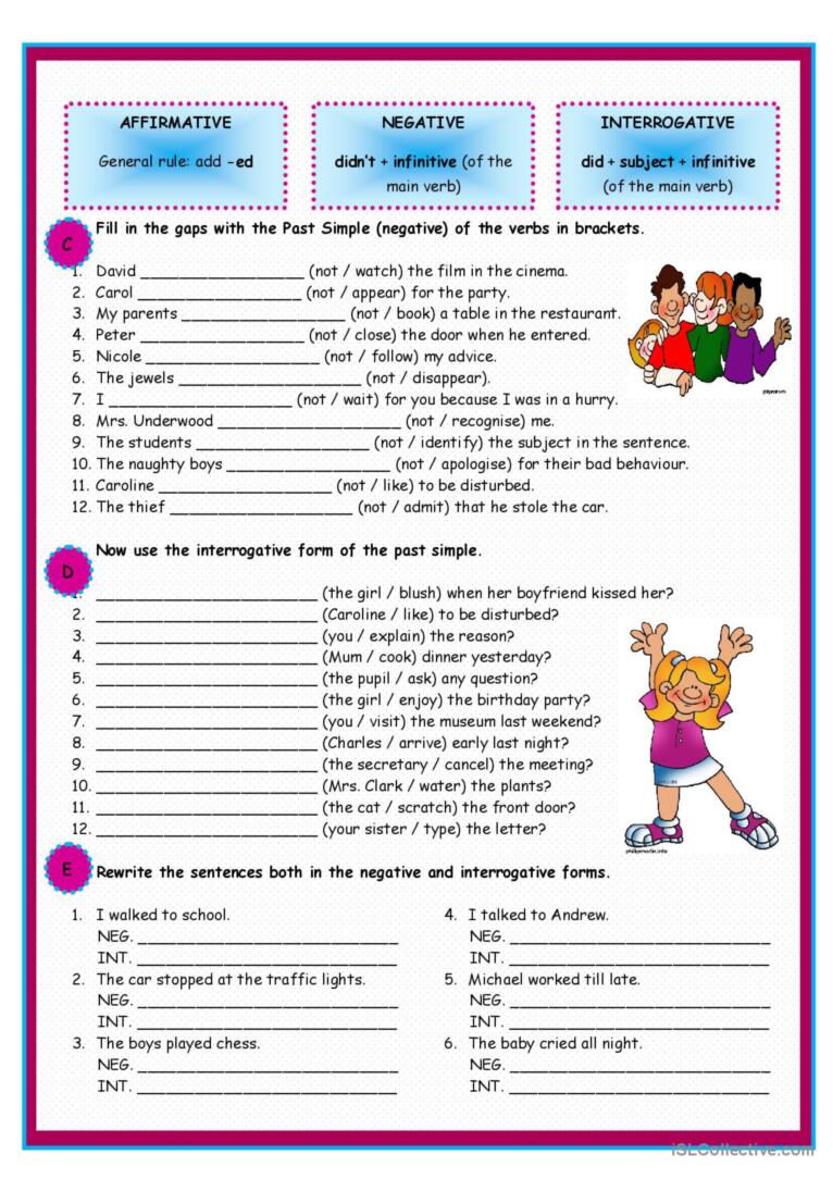 Past Simple Regular Verbs Exercises Questions And Negatives - Printable - Past Simple Regular Verbs Exercises