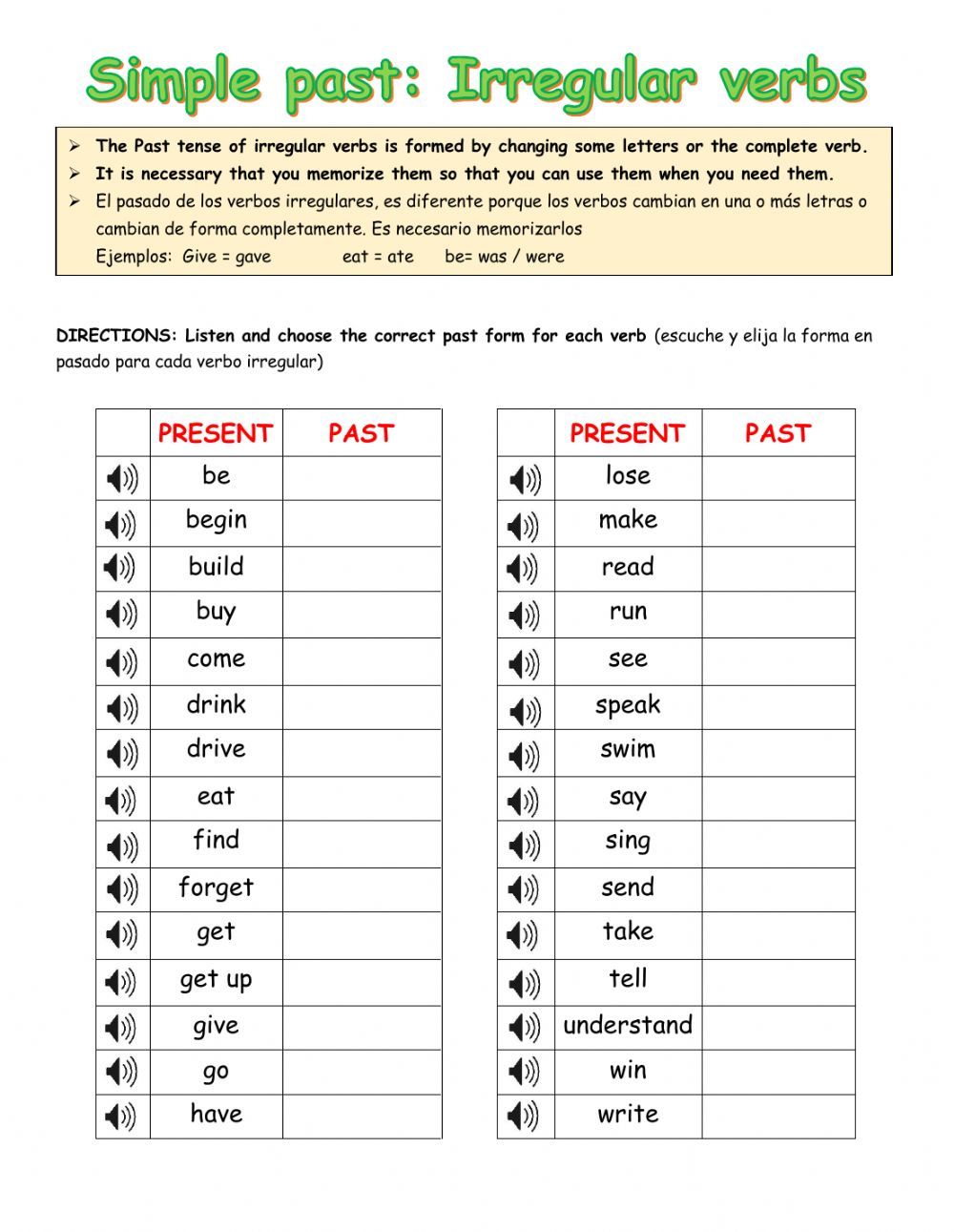 Exercises Past Tense Irregular Verbs