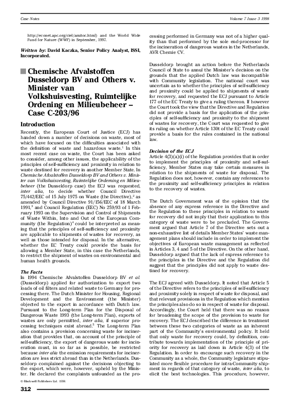(PDF) Chemische Afvalstoffen Dusseldorp BV and Others v. Minister van - Minister Van Volkshuisvesting Ruimtelijke Ordening En Milieubeheer