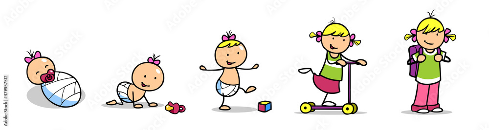 Phasen der motorischen Entwicklung von Baby zum Kind Stock Illustration - Motorische Ontwikkeling Baby 11 Maanden