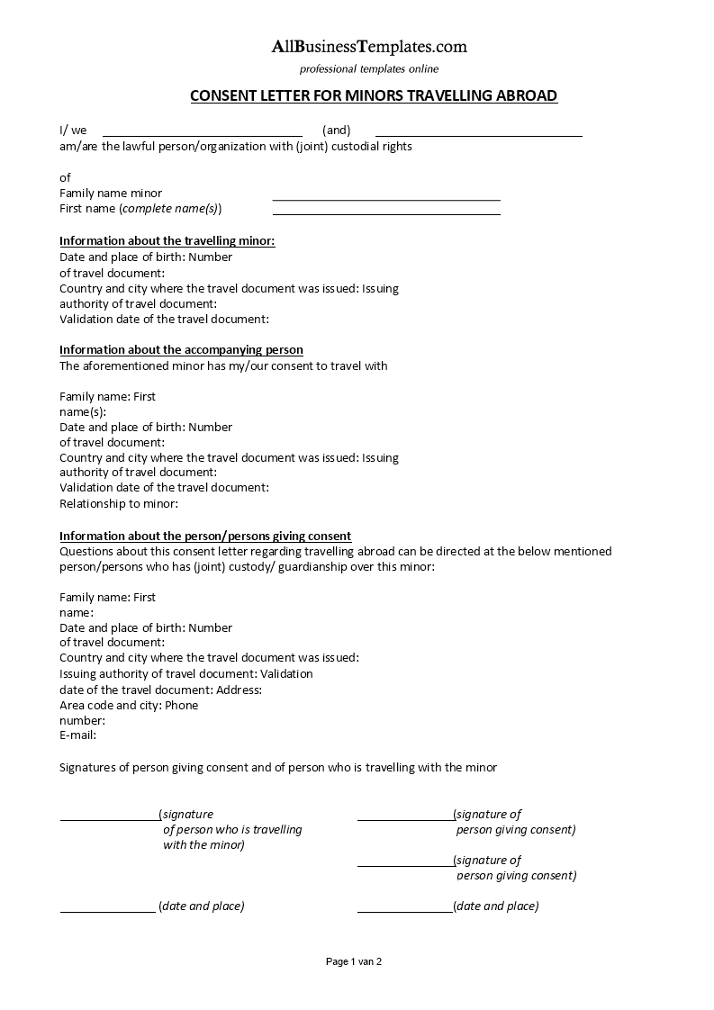Authorisation Form For Travelling Abroad With A Minor