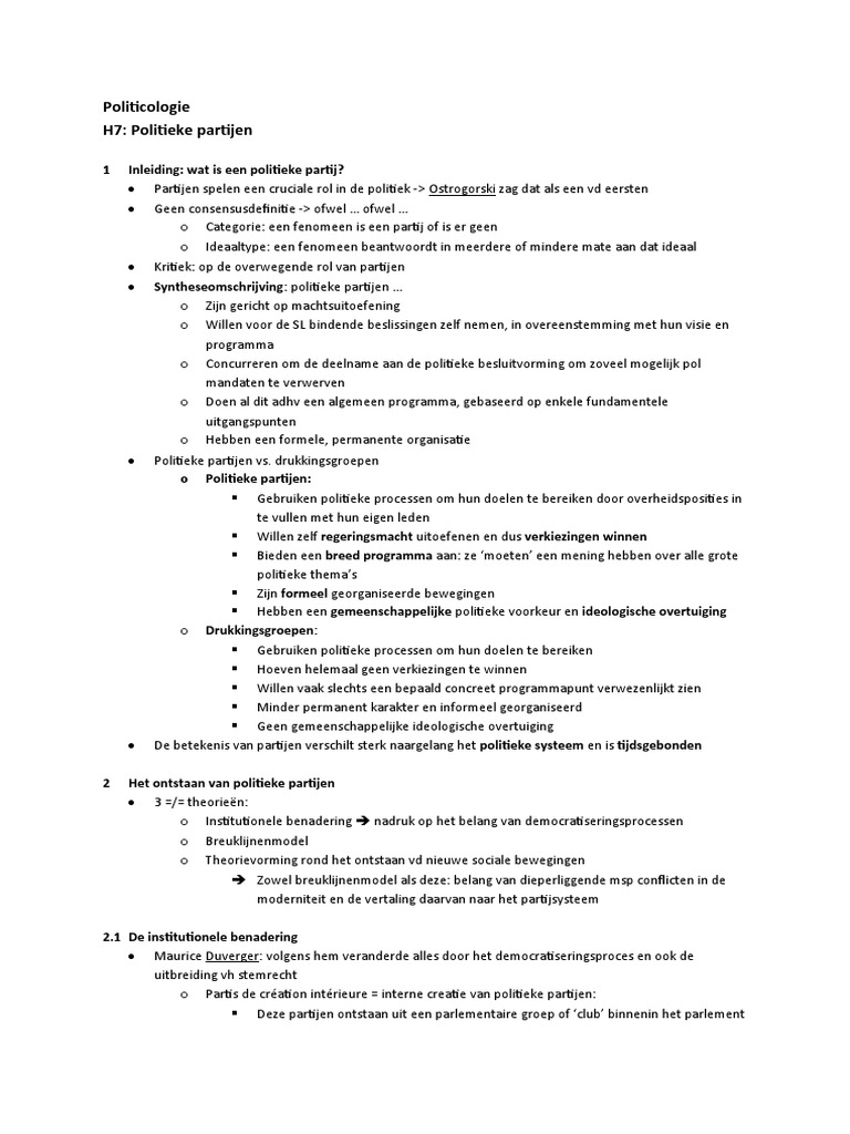 Politicologie H7: Politieke Partijen: 1 Inleiding: Wat Is Een Politieke - Wat Is Een Politieke Partij