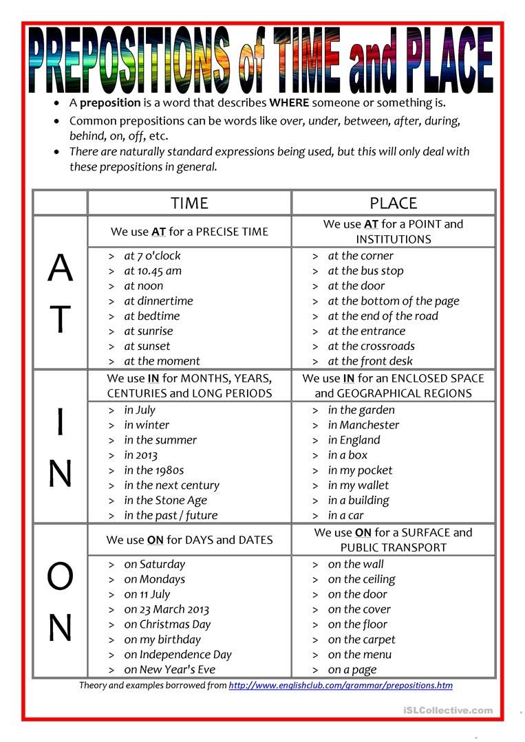 Prepositions Of Time And Place