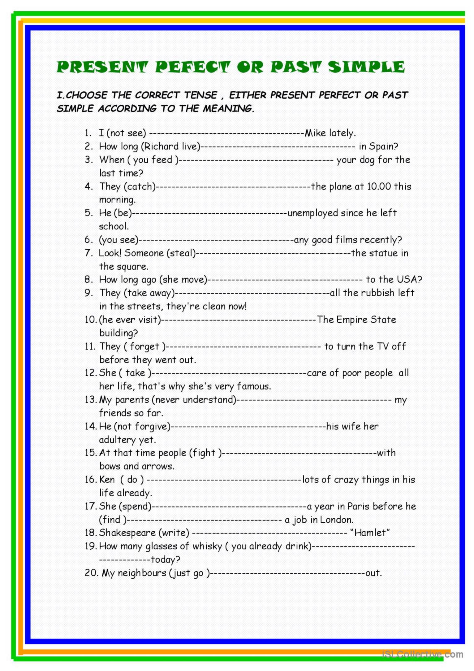 present perfect /past simple …: English ESL worksheets pdf & doc - Past Simple And Past Perfect Simple Exercises