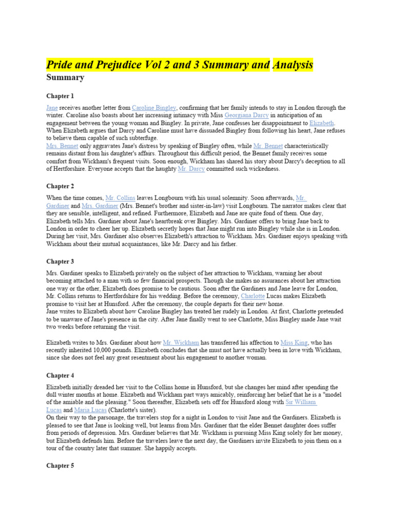 Pride and Prejudice Vol 2 and 3 Summary and Analysis | PDF | Mr. Darcy - Pride And Prejudice Detailed Summary