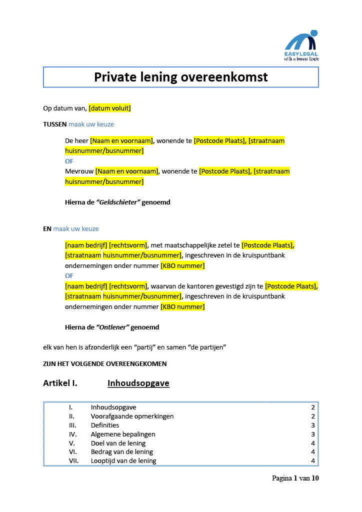 Private lening overeenkomst | Easylegal Online - Rekening-courant Overeenkomst Tussen Bv's Voorbeeld