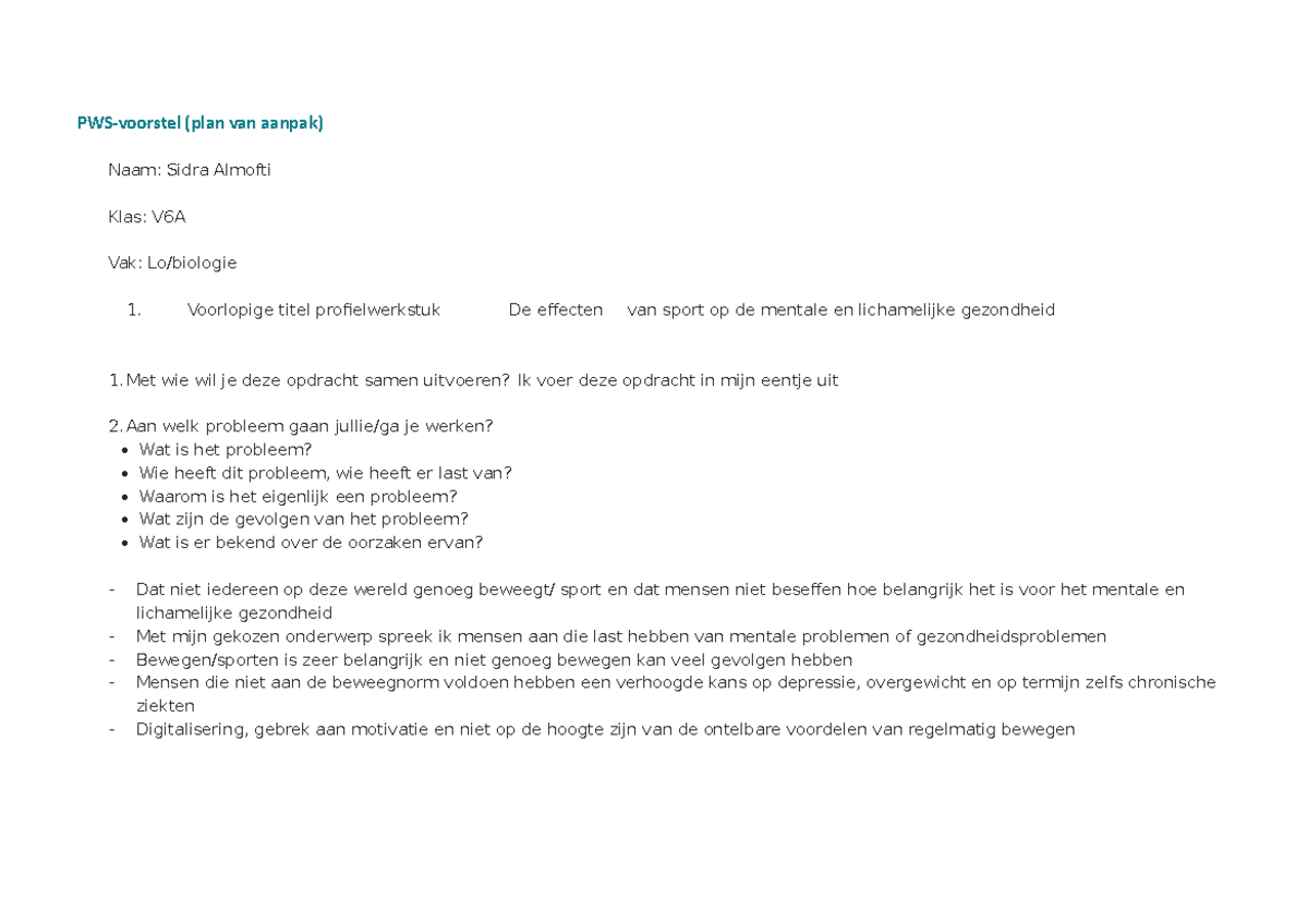 (pws) plan van aanpak - PWS-voorstel (plan van aanpak) Naam: Sidra - Wat Moet Er In De Inleiding Van Een Pws