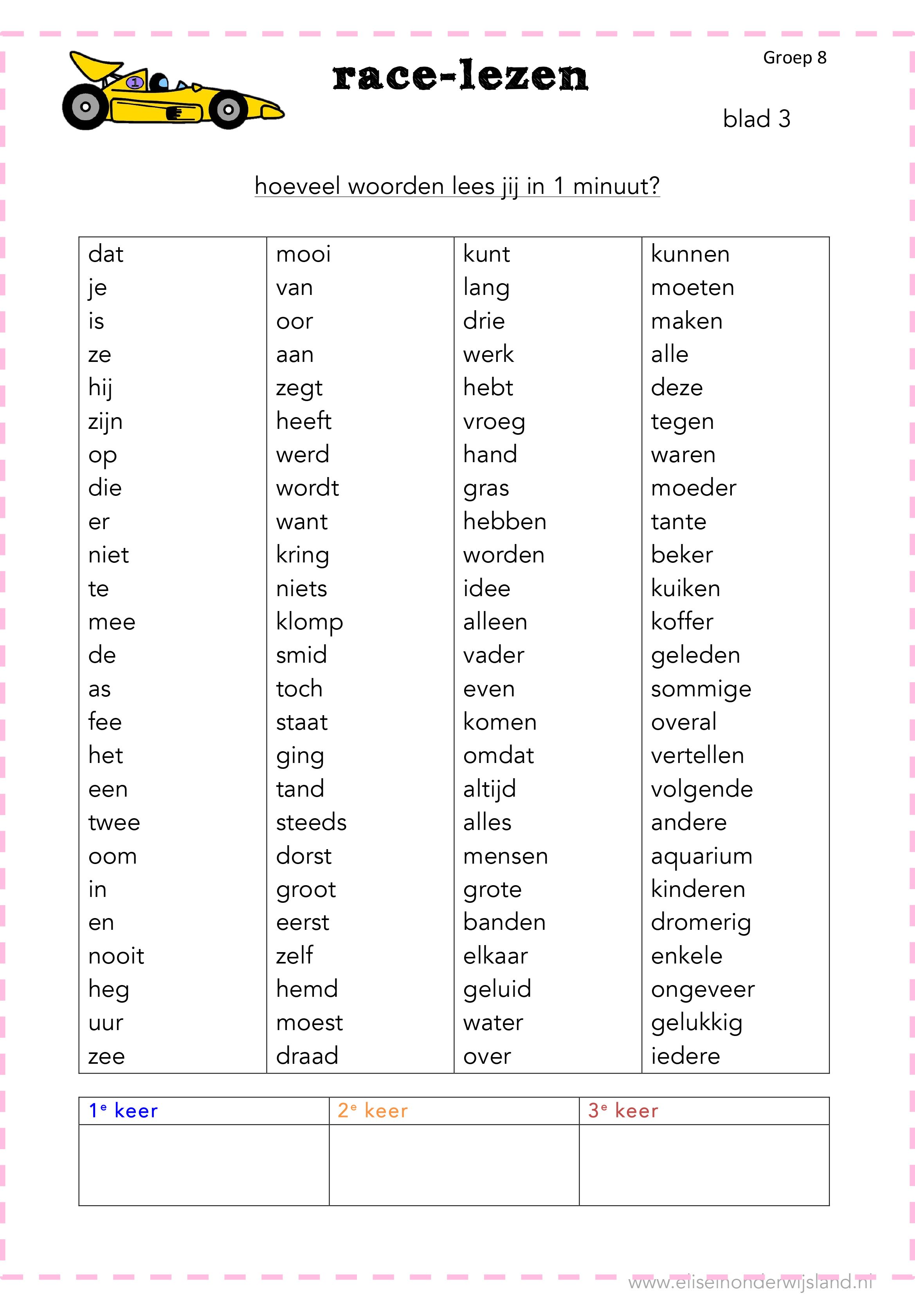Race-lezen blad 3 groep 8. DMT kaarten. Leesonderwijs. Elise in - Oefenen Met Spelling Groep 8