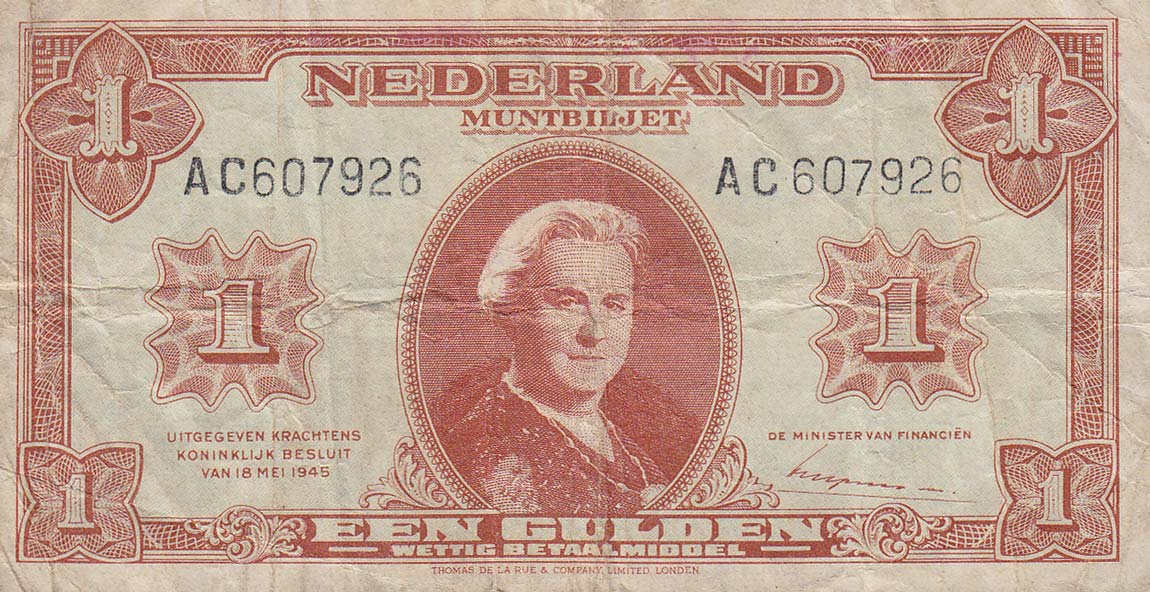 RealBanknotes.com > Netherlands p70: 1 Gulden from 1945 - Een Eerlijk Heeft Een Gulden Bodem