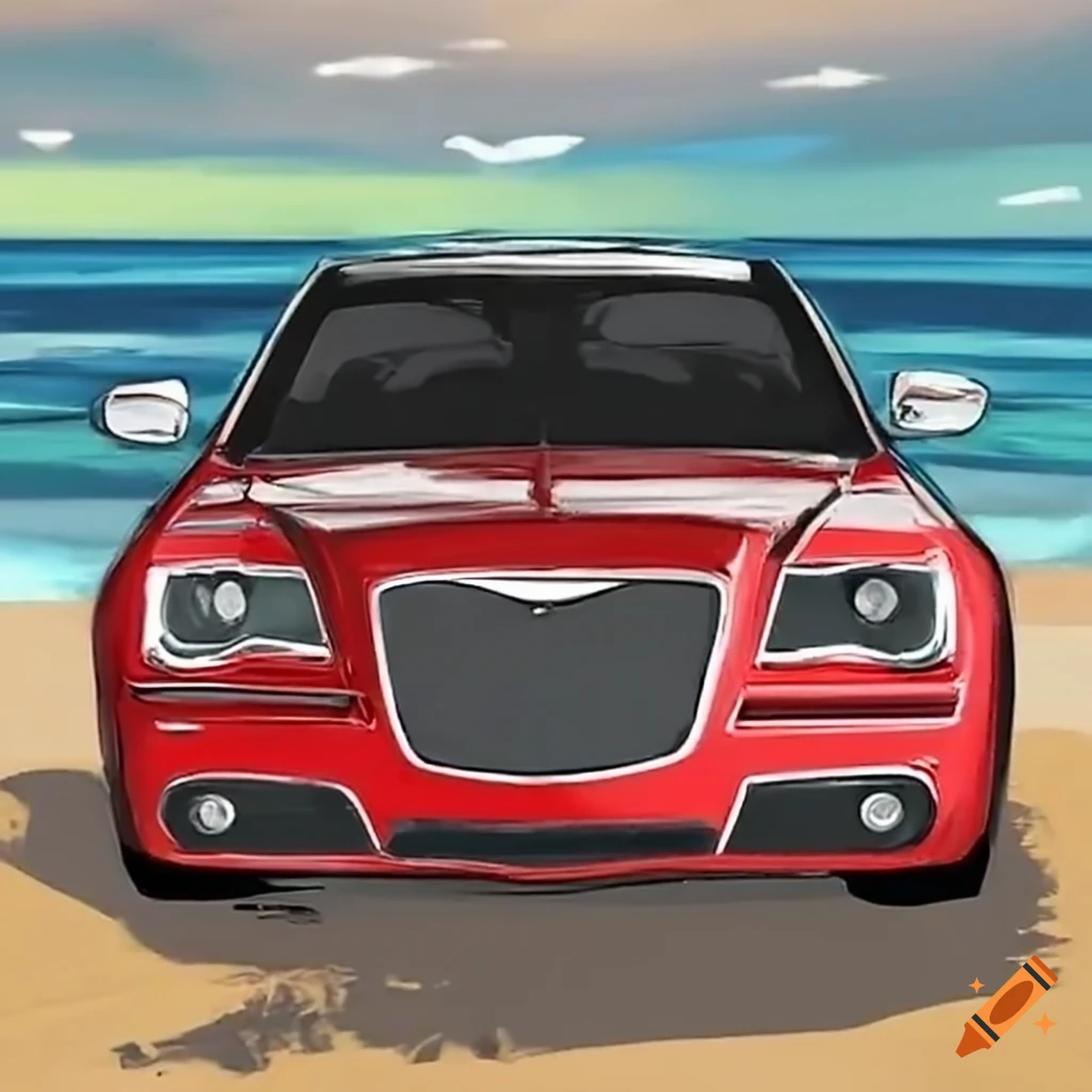 Red chrysler 300c at the beach on Craiyon - Chrysler 300c Waar Op Letten