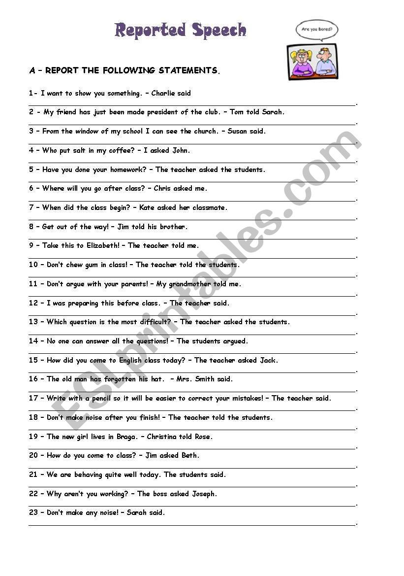 Direct Speech To Reported Speech Exercises