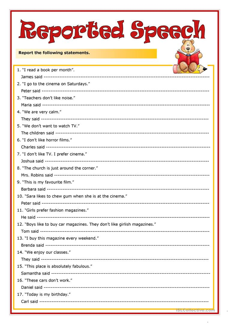 Reported Speech - English ESL Worksheets for distance learning and - Direct Speech To Reported Speech Exercises
