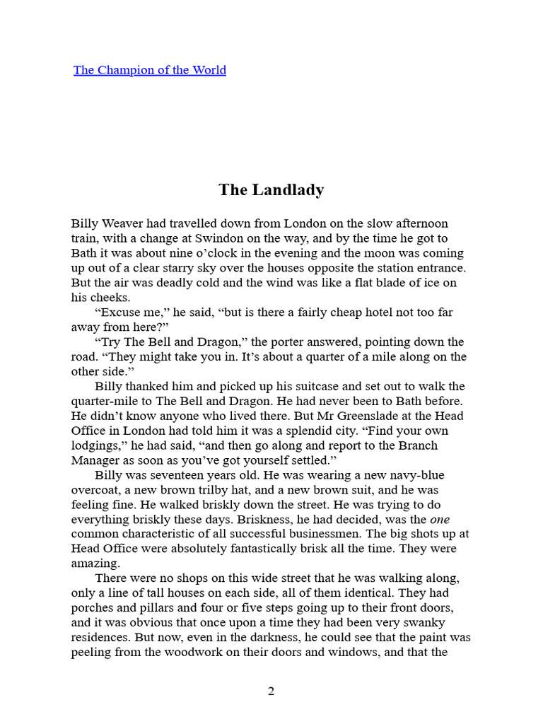 Roald Dahl - The Landlady | PDF - Roald Dahl Short Story The Landlady