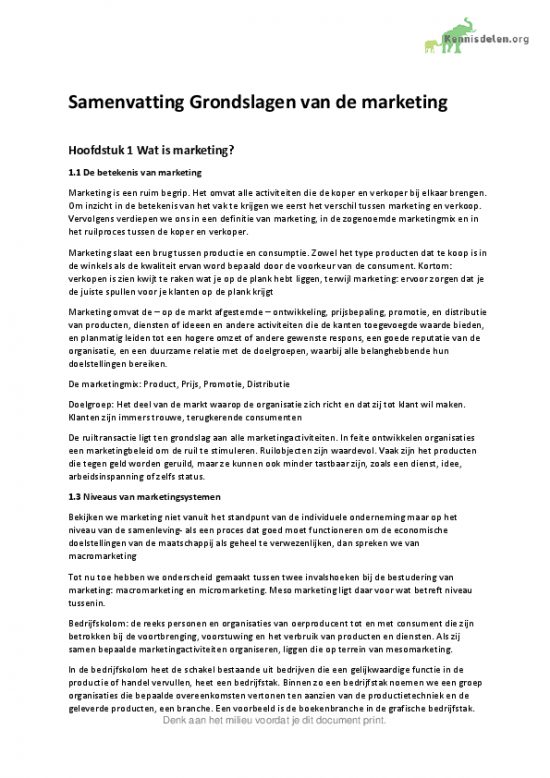 Samenvatting Grondslagen van de marketing - KennisDelen - Grondslagen Van De Marketing Samenvatting