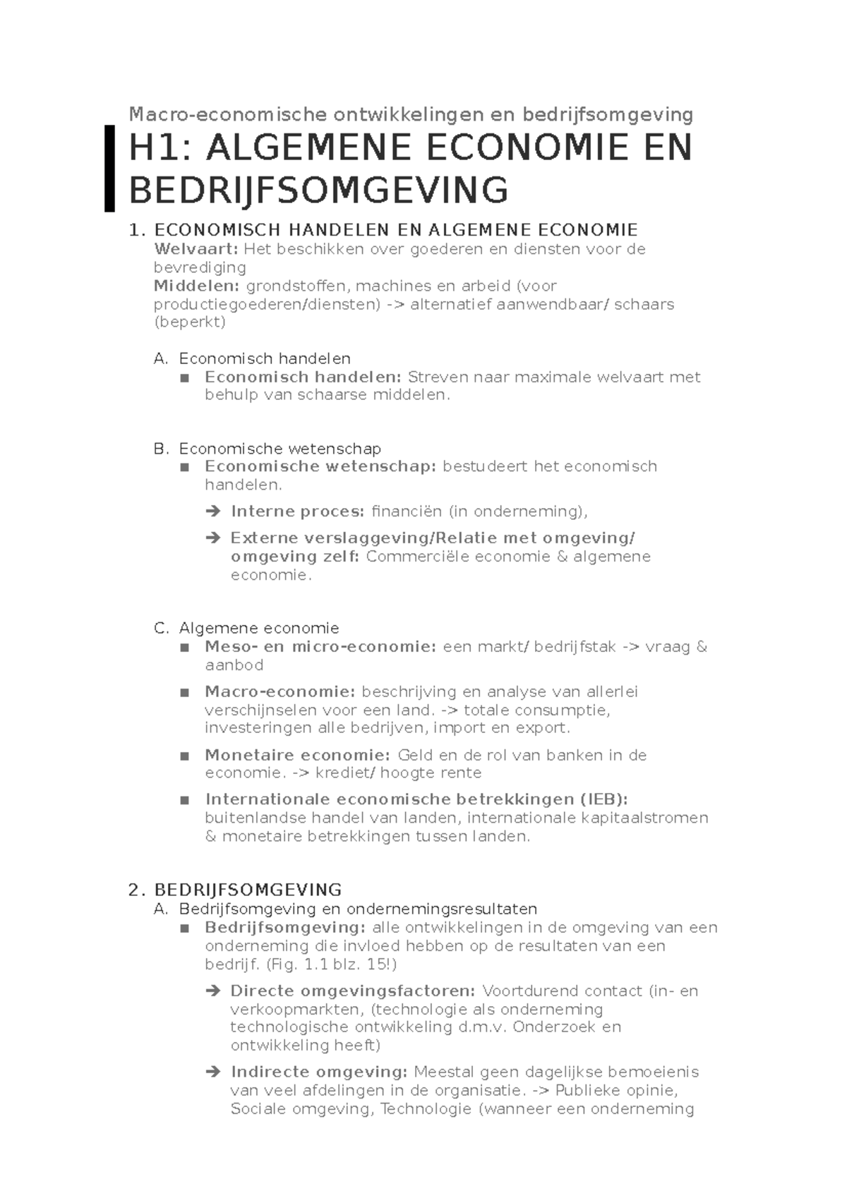 Samenvatting macro-economische ontwikkelingen en bedrijfsomgeving - Macro Economische Ontwikkelingen En Bedrijfsomgeving