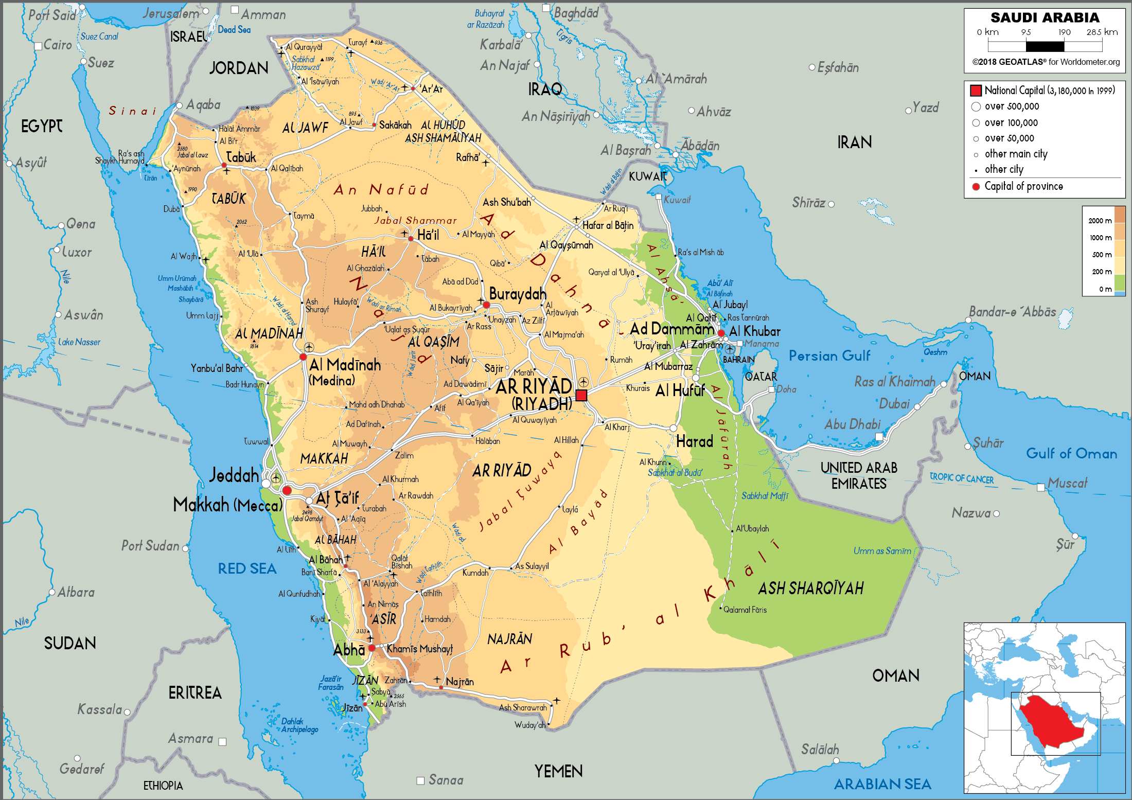 Saudi Arabia Map (Physical) - Worldometer - Plaats In Saudi Arabië 5 Letters