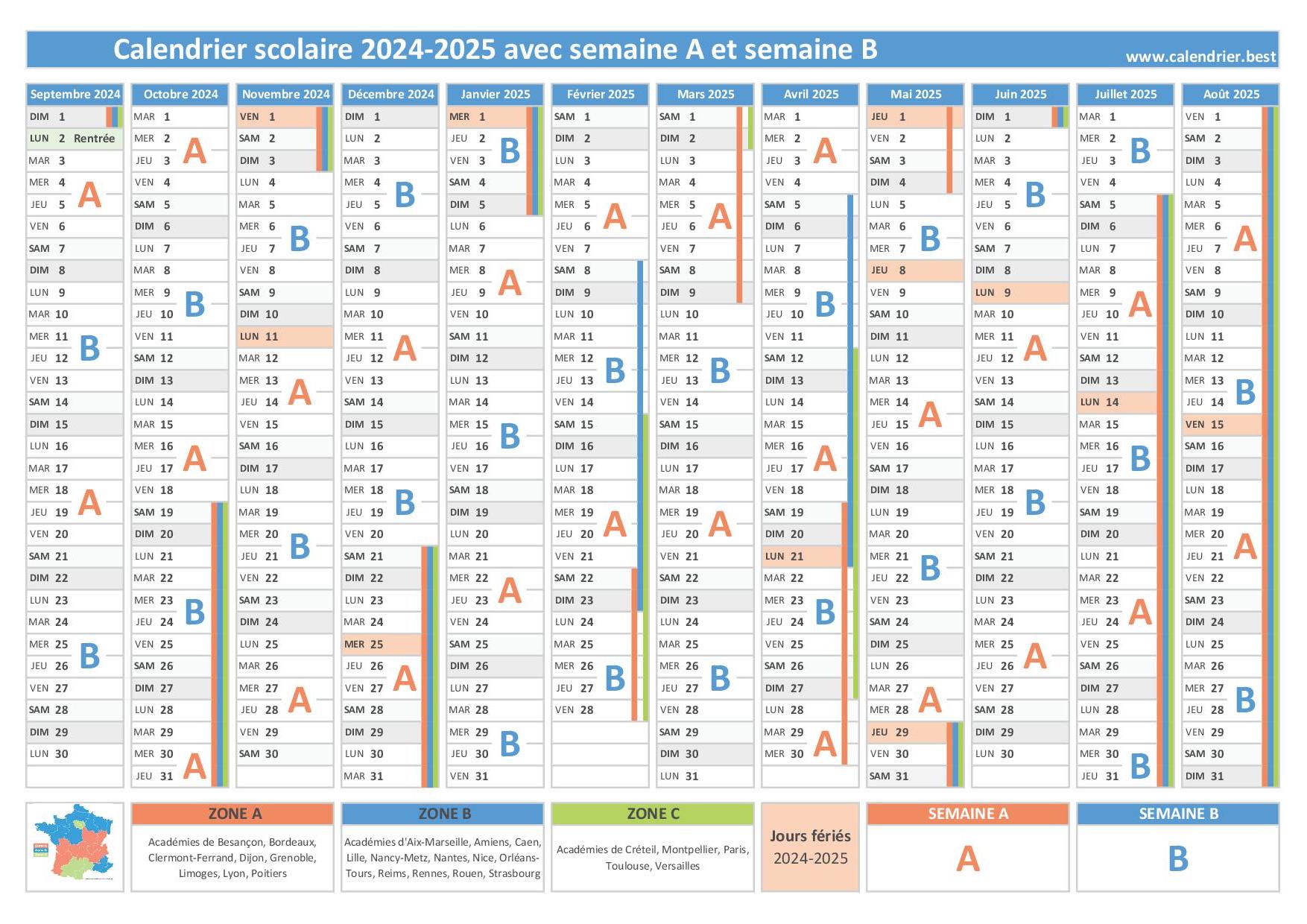Semaine A et B 2024-2025 | Calendrier scolaire 2024-2025 avec les - Wanneer Beginnen De Schoolvakanties 2024