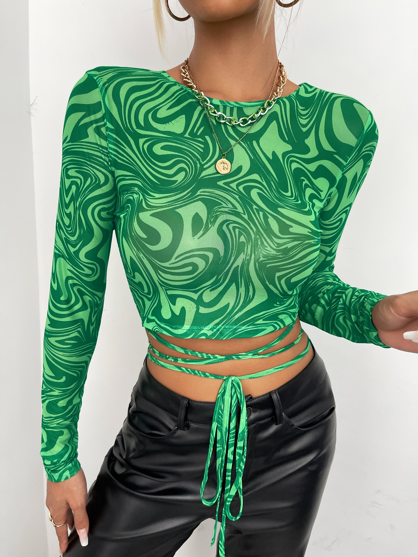 SHEIN Top nodo frontale con stampa marmo in maglia trasparente - Top Down Or Bottom Up Processing