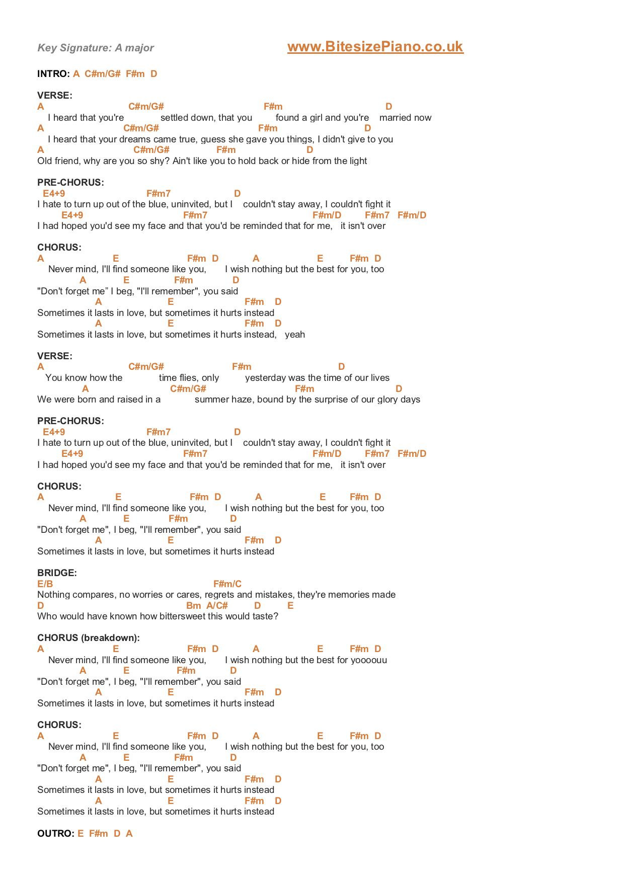 SOMEONE LIKE YOU – ADELE PIANO CHORDS & Lyrics – Bitesize Piano - Someone Like You You Lyrics