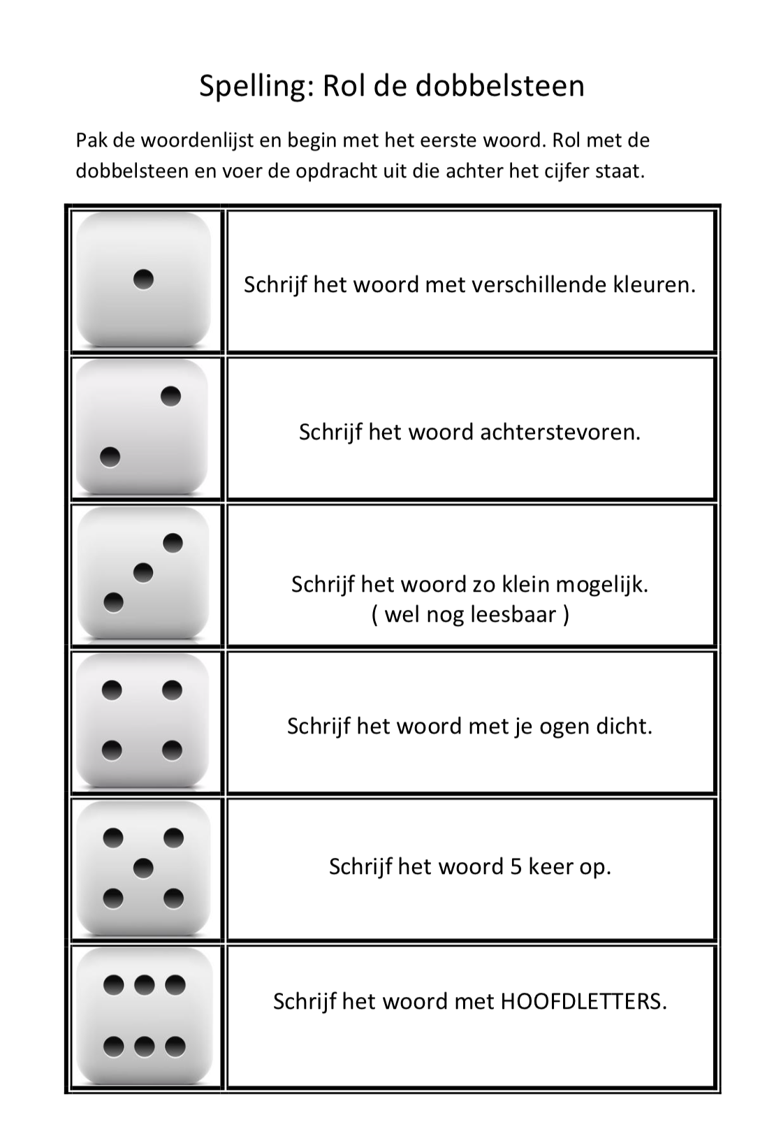 Spelling oefenen groep 5 met dobbelsteen | Spellingsactiviteiten - Dobbelsteen Met Alleen 6 Ogen