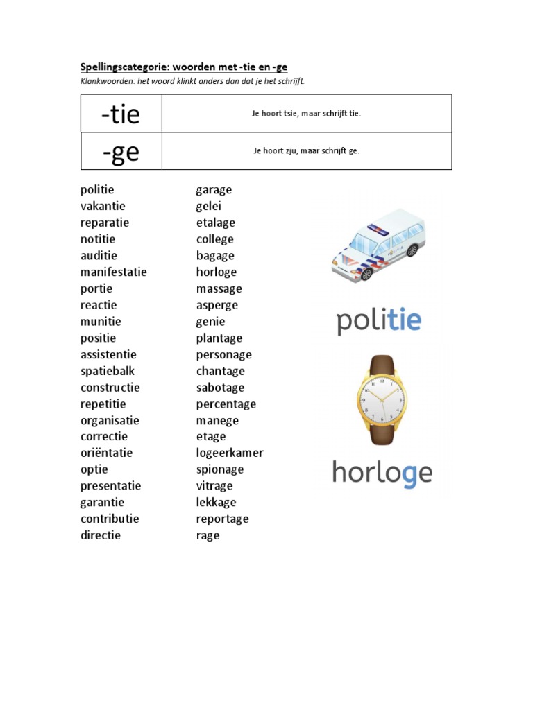 Spellingscategorie Woorden Met - Tie en - Ge | PDF - Woorden Met S Aan Het Eind