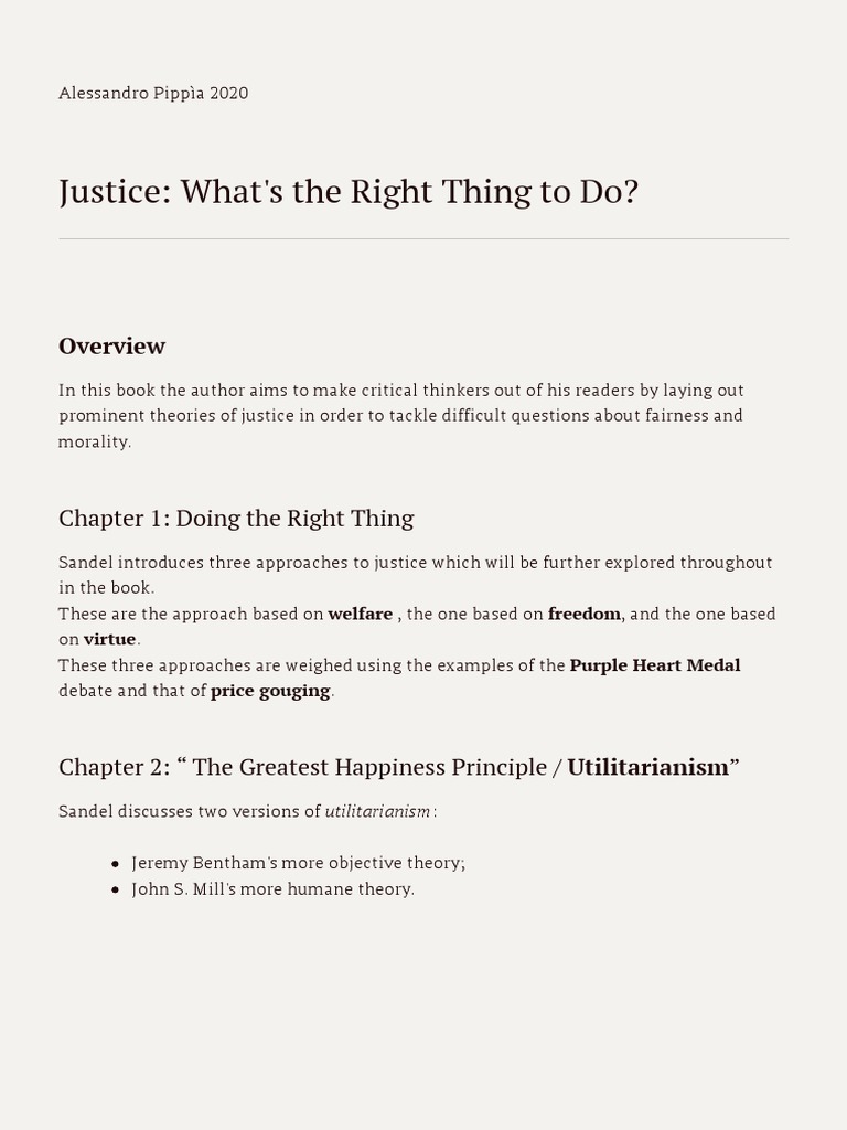 SUMMARY - Michael J. Sandel Justice - What's The Right Thing To Do - Sandel What's The Right Thing To Do