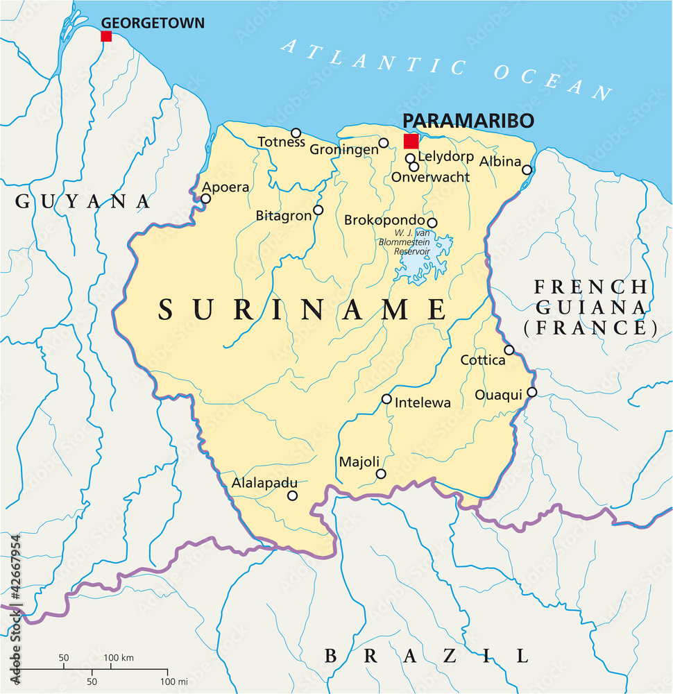 Suriname Political Map With Capital Paramaribo National Borders Most - Wat Is De Hoofdstad Van Amerika