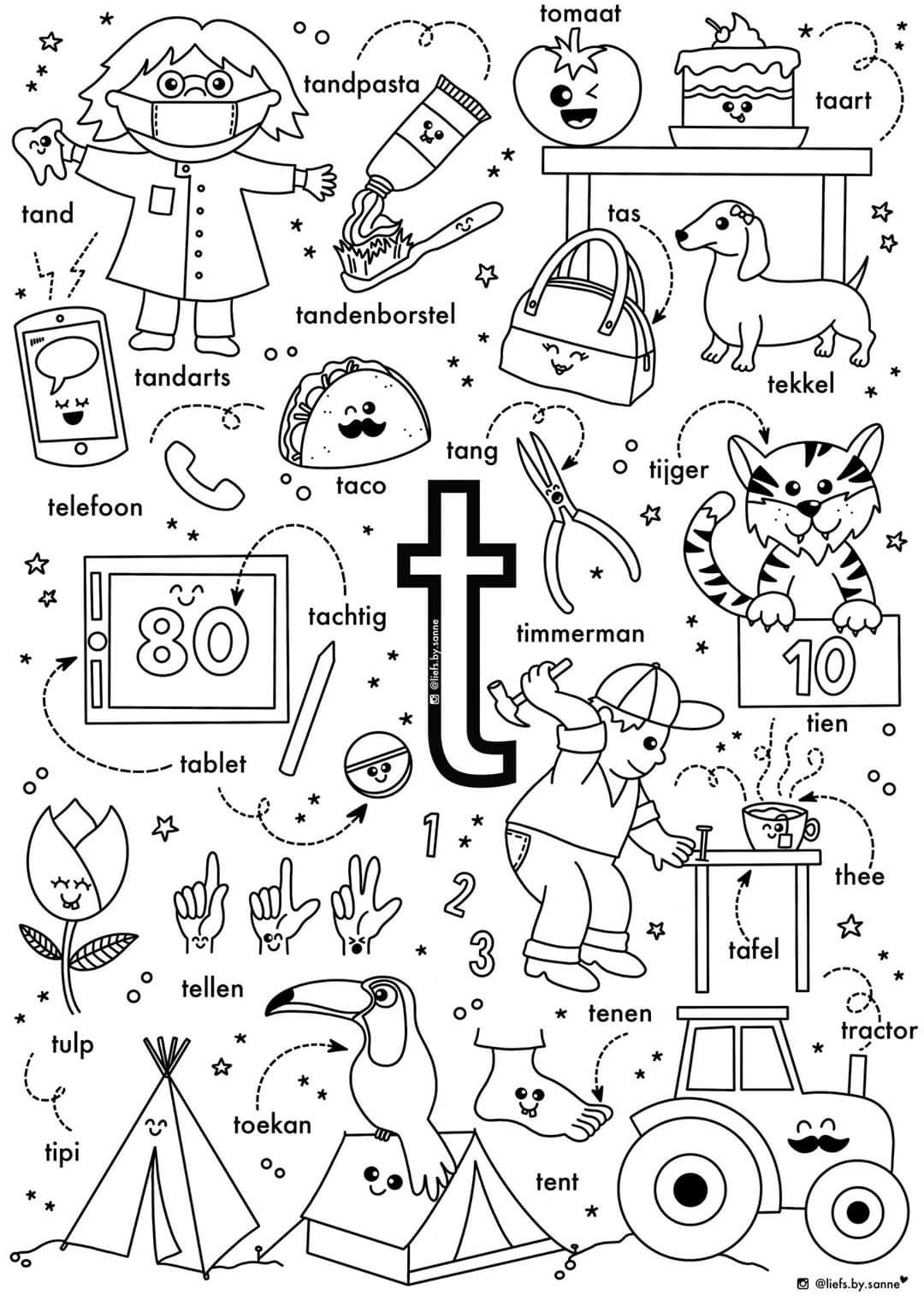 T (woorden)kleurplaat | Letterherkenning spelletjes, Alfabet - Veranderd Met D Of T