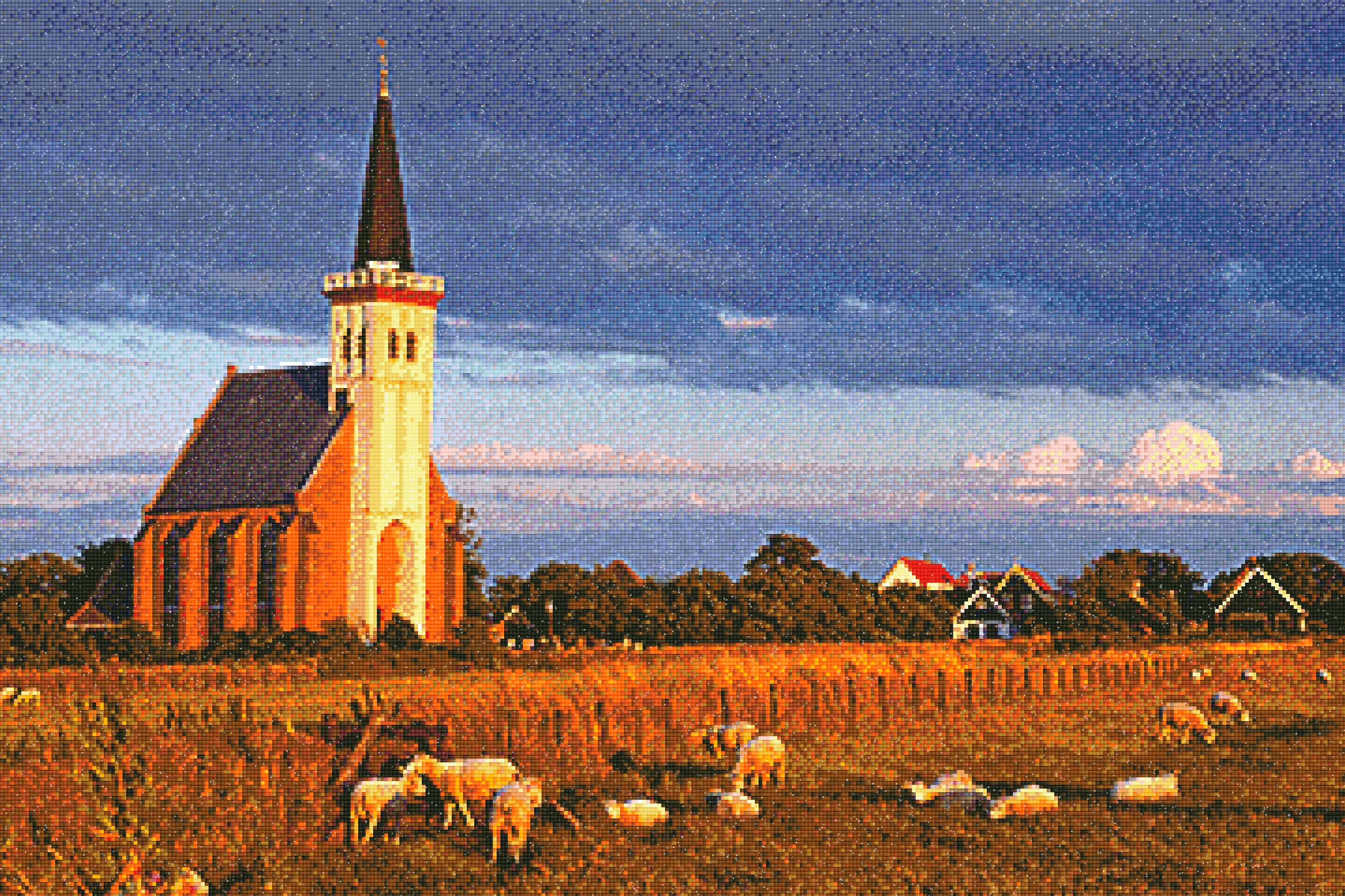 Texel - Kerkje Den Hoorn bij zonsondergang | Diamond Painting van Foto - Kerkje Den Hoorn Texel