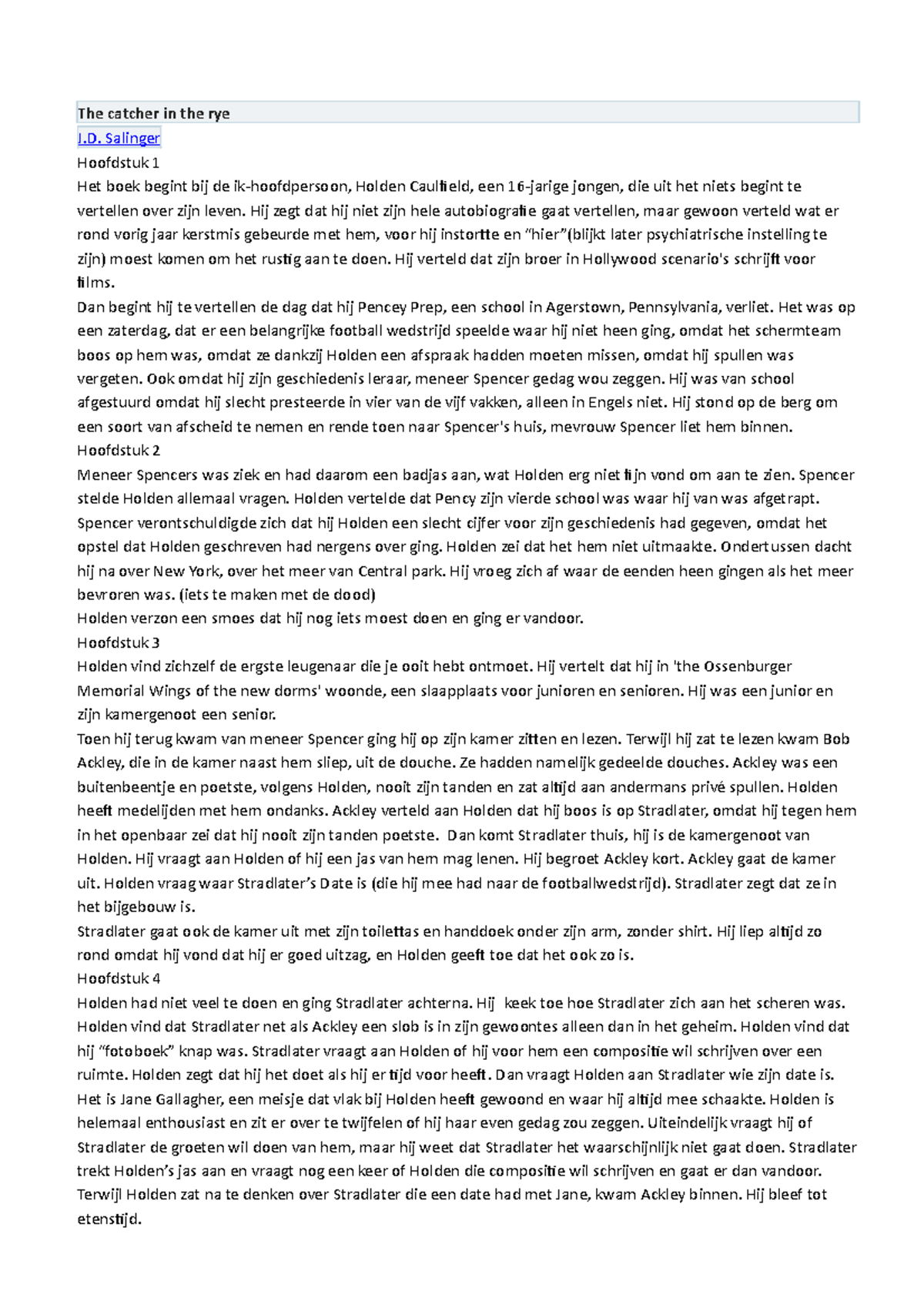 Catcher In The Rye Samenvatting