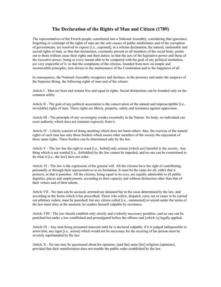 The Declaration of the Rights of Man and Citizen (1789) - Declaration Of Rights Of Man And Of Citizen