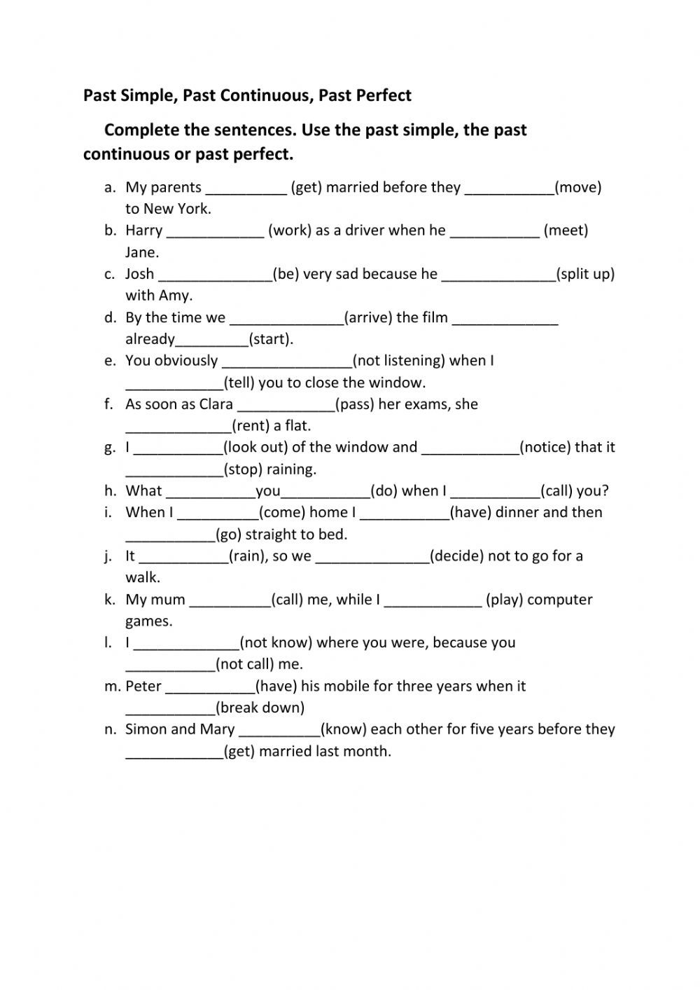 the past simple past continuous, past perfect worksheet for grade 1 - Past Simple Past Continuous Past Perfect