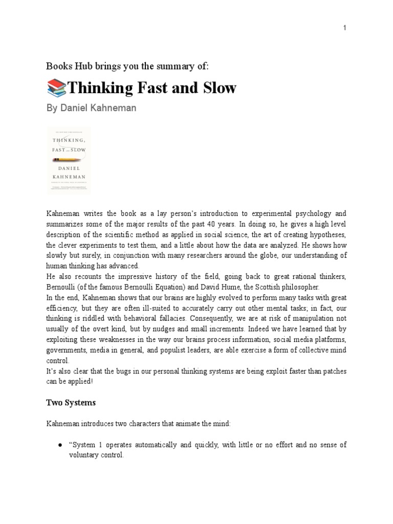 Thinking Fast and Slow Summary by BooksHub | PDF | Utility | Mental - Thinking Fast And Slow Overview