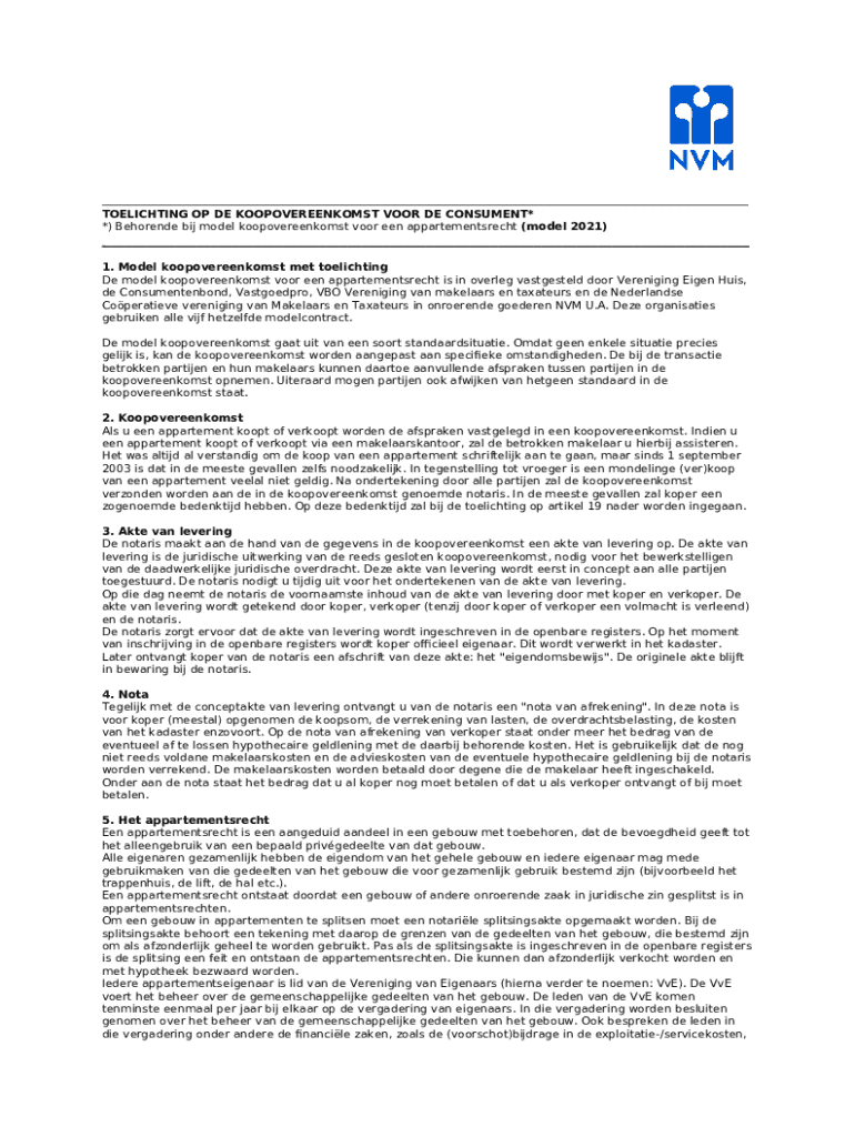 Toelichting koopovereenkomst appartementsrecht (model: Fill out & sign - Model Koopovereenkomst Bedrijfs-onroerend Goed Nvm