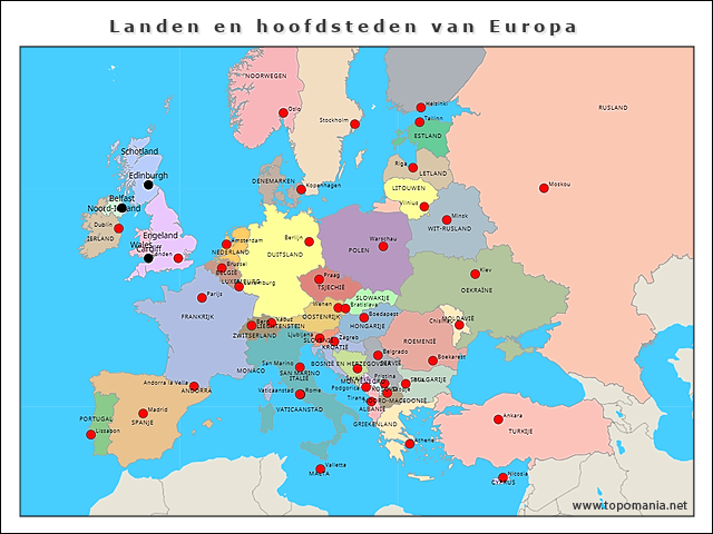 Topografie Landen en hoofdsteden van Europa | www.topomania.net - Kaart Europa Met Landen En Hoofdsteden