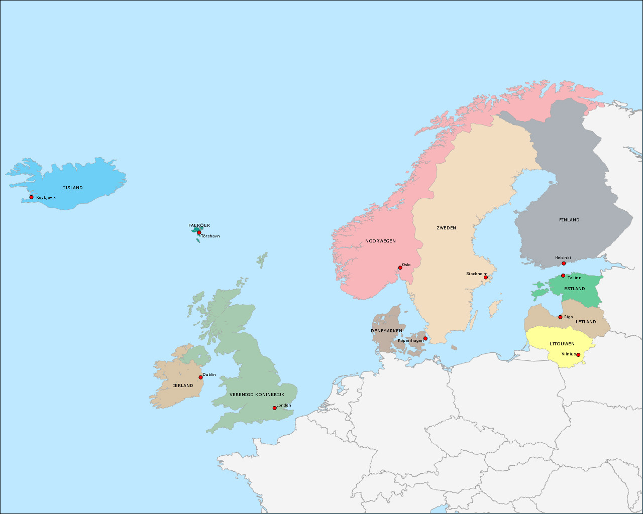 Topografie Landen en hoofdsteden van Noord-Europa | www.topomania.net - Kaart Europa Hoofdsteden En Landen