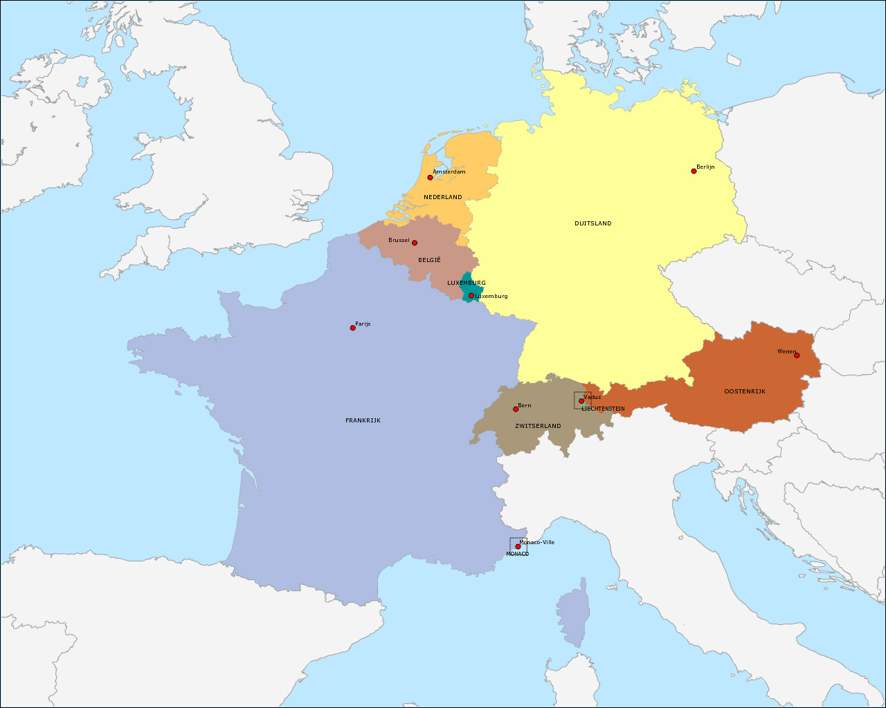 Topografie Landen en hoofdsteden West-Europa | www.topomania.net - Kaart Europa Met Landen En Hoofdsteden