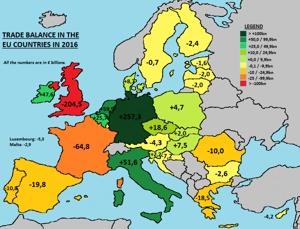 Trade Balance in the EU Countries (2016) - Vivid Maps - Welke Landen Betalen Met De Euro