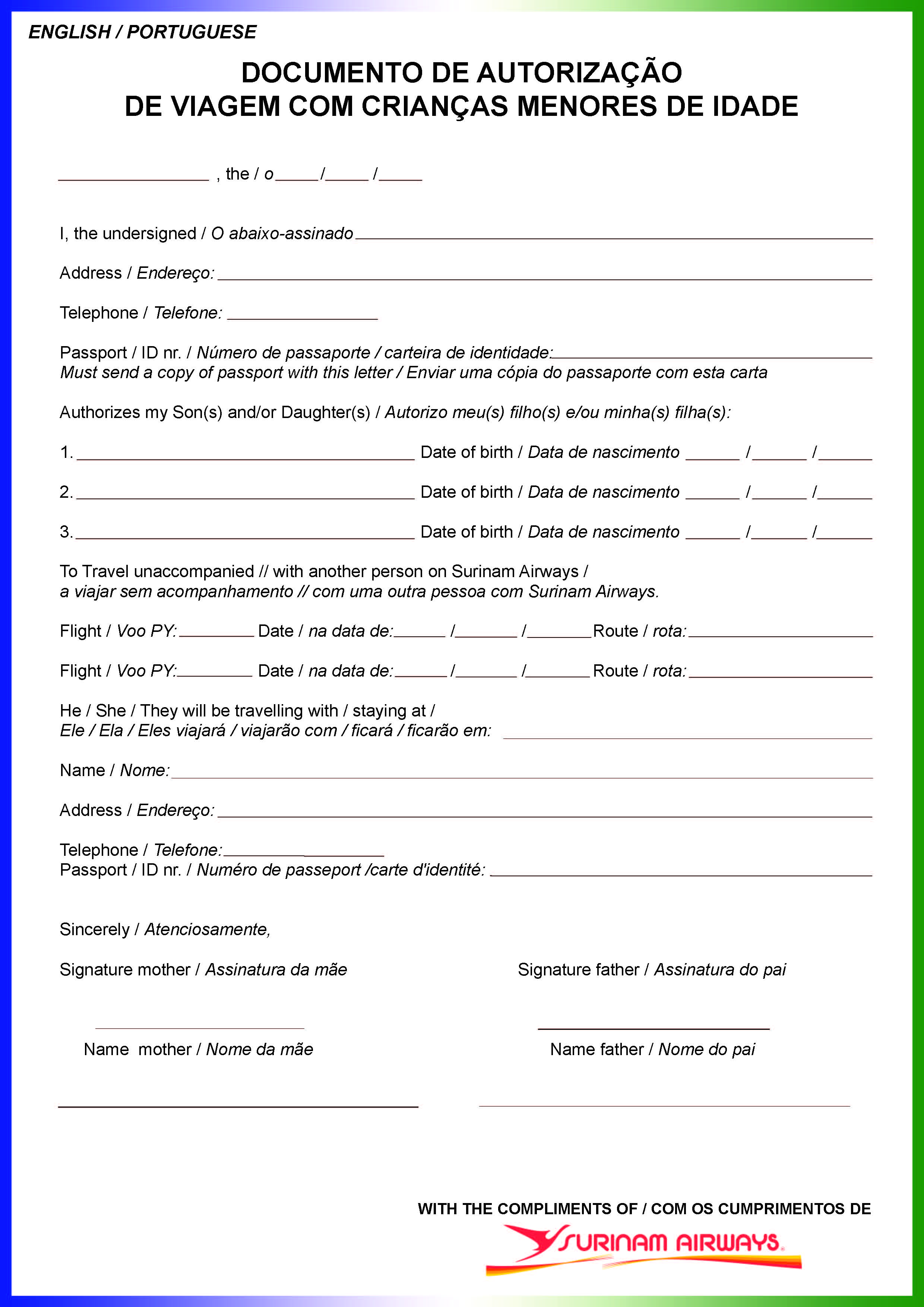 Travelling with Children - Formulier Toestemming Reizen Met Minderjarige Naar Het Buitenland