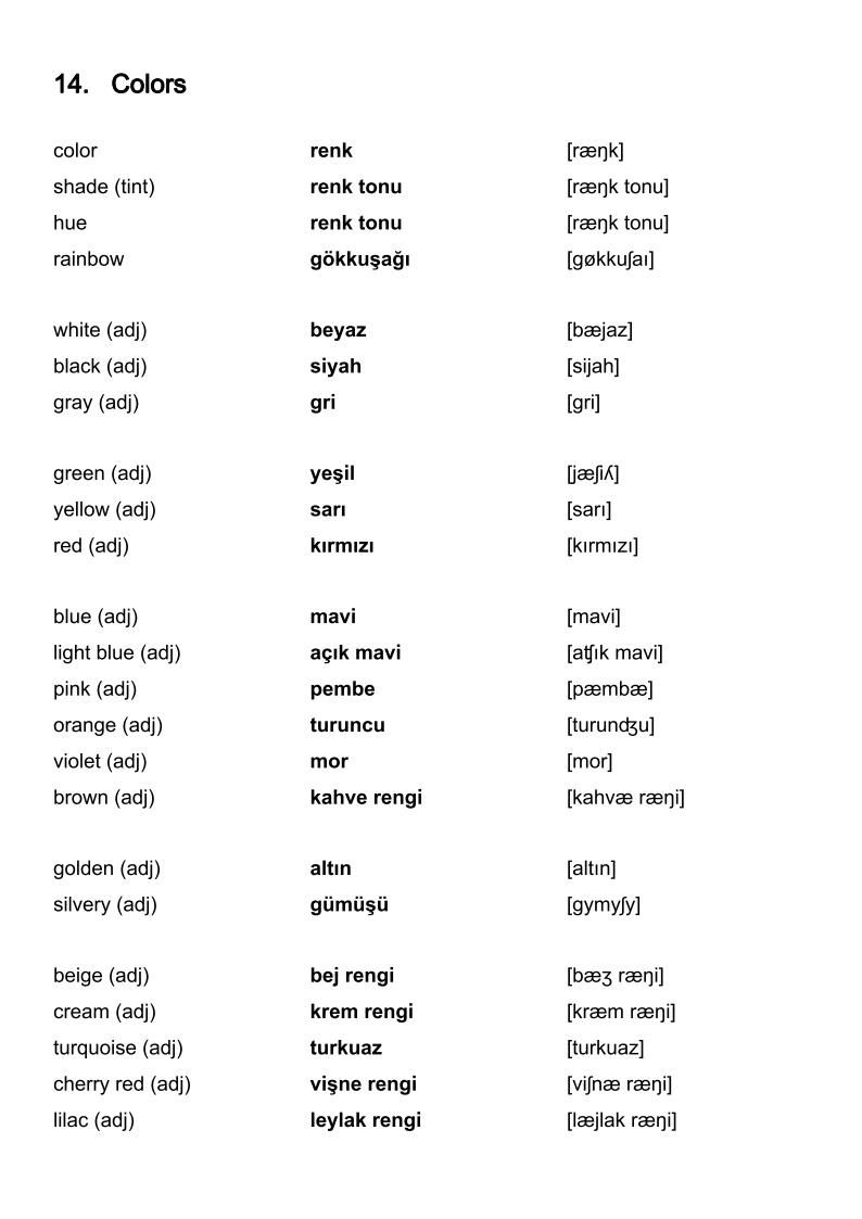 TURKISH VOCABULARY - Colors Albanian Language, Turkish Language - Vertalen Van Nederlands Naar Straattaal