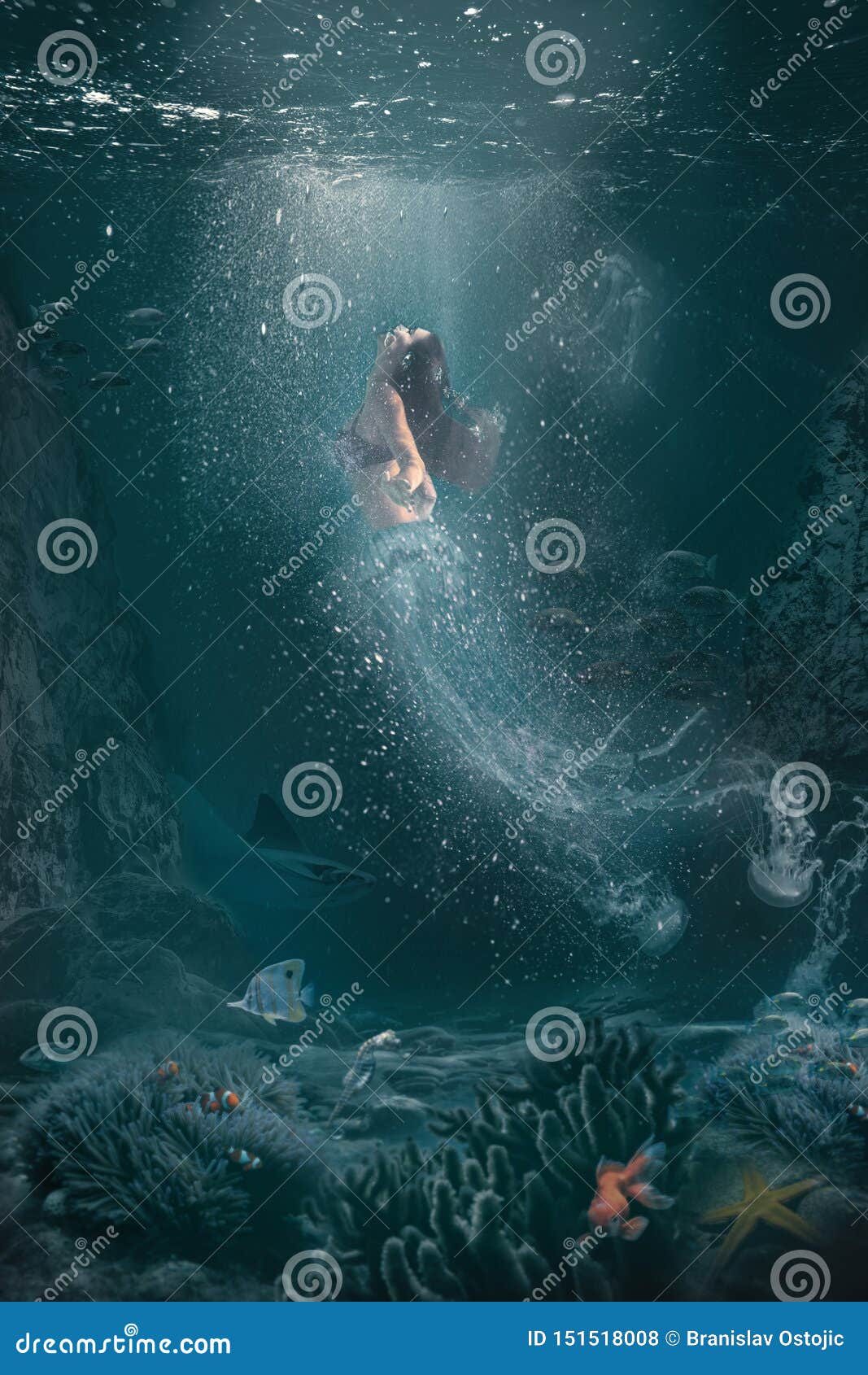 Underwater Fantasy Scene Half Woman Half Jellyfish Swims To The Surface - Hoe Heet De Zeemeermin Die Half Vrouw Half Vis Is