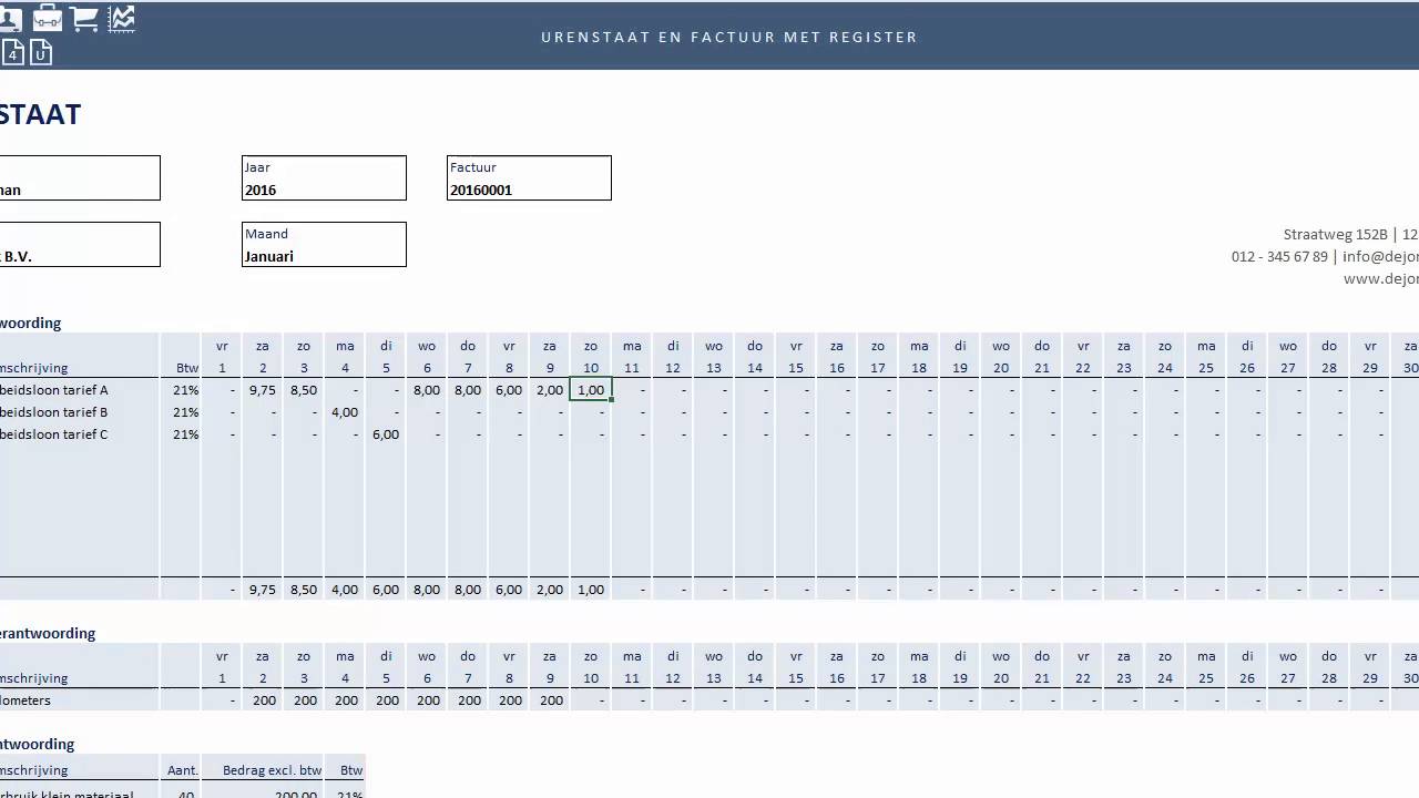 Urenstaat in Excel met factuur en urenregister - YouTube - Werkbare Uren Per Jaar 36 Urige Werkweek