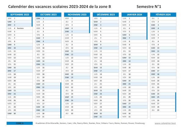 Vacances scolaires 2023 2024 ZONE B - Calendrier scolaire 2023-2024 - Schoolvakanties Frankrijk 2024 Zone B