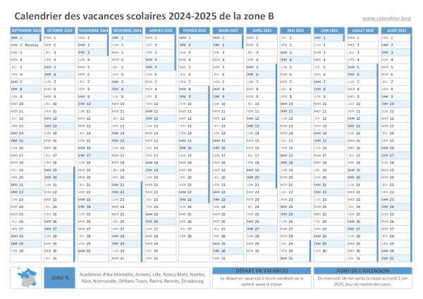 Vacances scolaires 2024 2025 zone B - Calendrier scolaire 2024-2025 de - Schoolvakanties Frankrijk 2024 Zone B