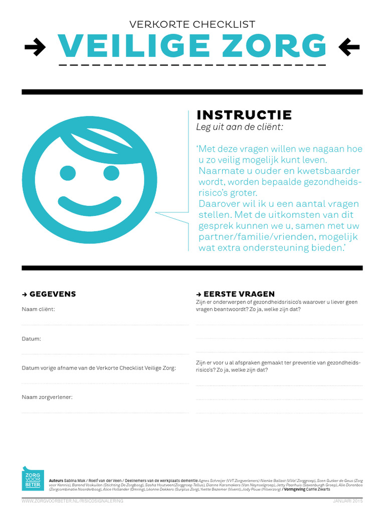 Verkorte Checklist Veilige Zorg Risicosignalering | PDF - Medicatie Veiligheid In De Zorg