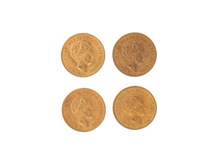Vier gouden munten. Tien gulden, 1933. Let op koperscommissie 20%... - Hoe Noemt Men Een Gouden Tien Dollar Stuk